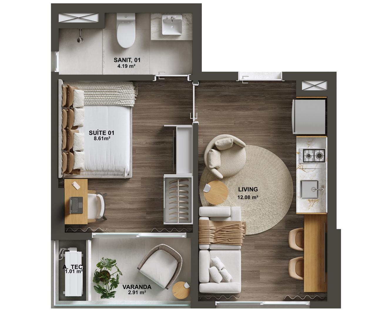Planta 1 quarto – 28,80m²