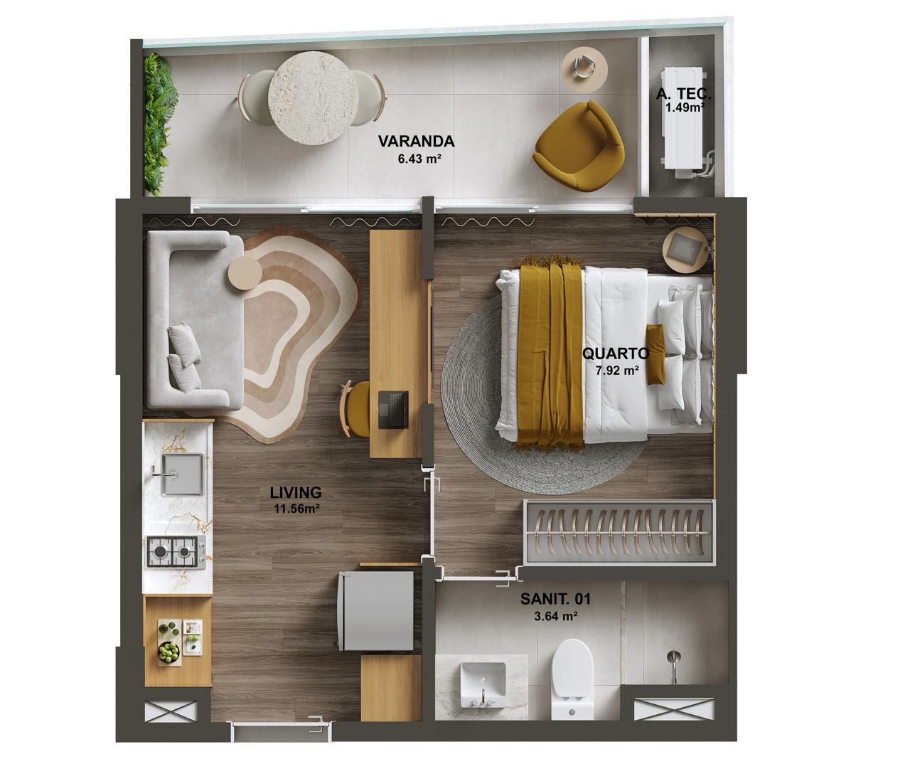 Planta 1 quarto – 30m²