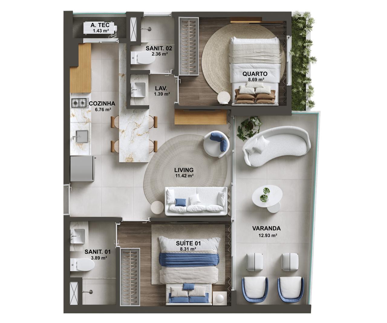 Planta 2 quartos – 55,85m²
